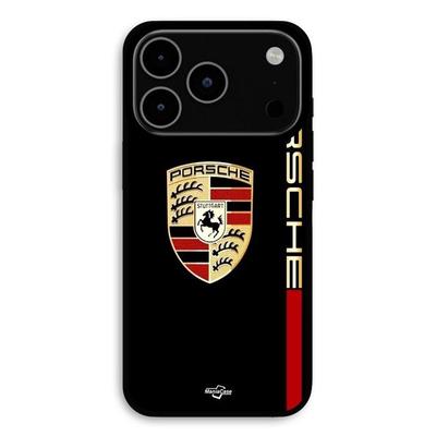 Чехол для iPhone 17 Pro с красным и золотым логотипом PORSCHE на черном фоне Maniacase