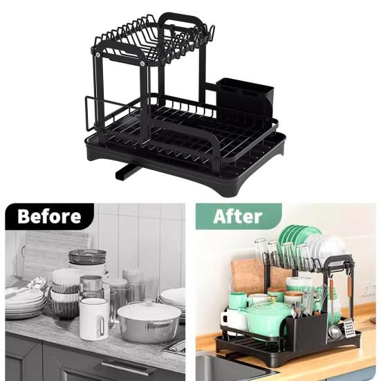 2-layer Countertop Tableware Storage Rack Dish Holder with Drain Tray Strong Load-bearing Bowl Multipurpose Dish Drain Rack