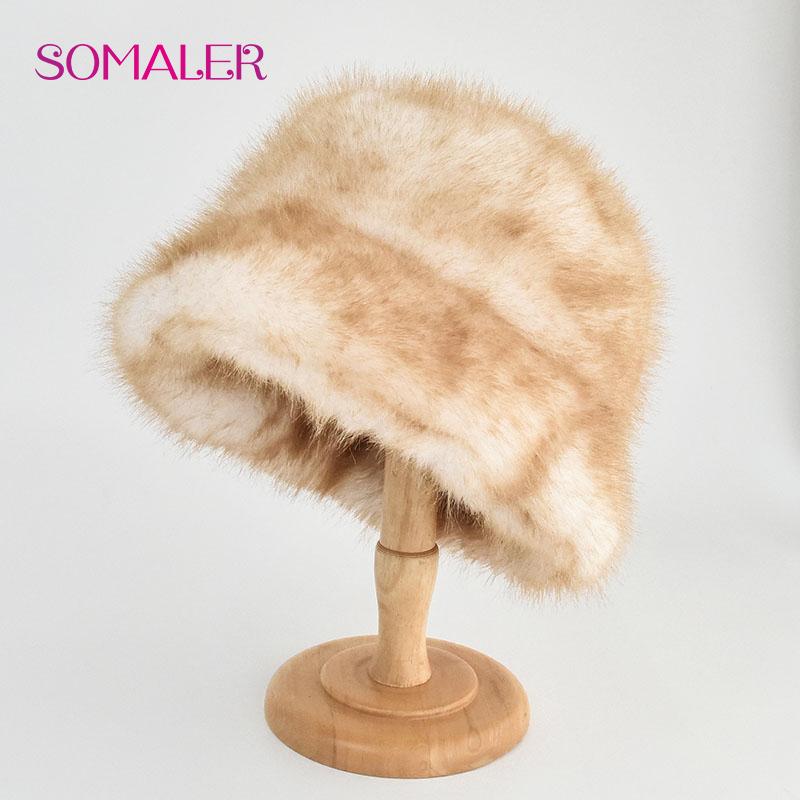 SOMALER Colorful Faux Fur Bucket Hats for Women Plush Bleaching and Dyeing Color Cap Fashion Warm Fluffy Faux Fur Furry Bucket Cap