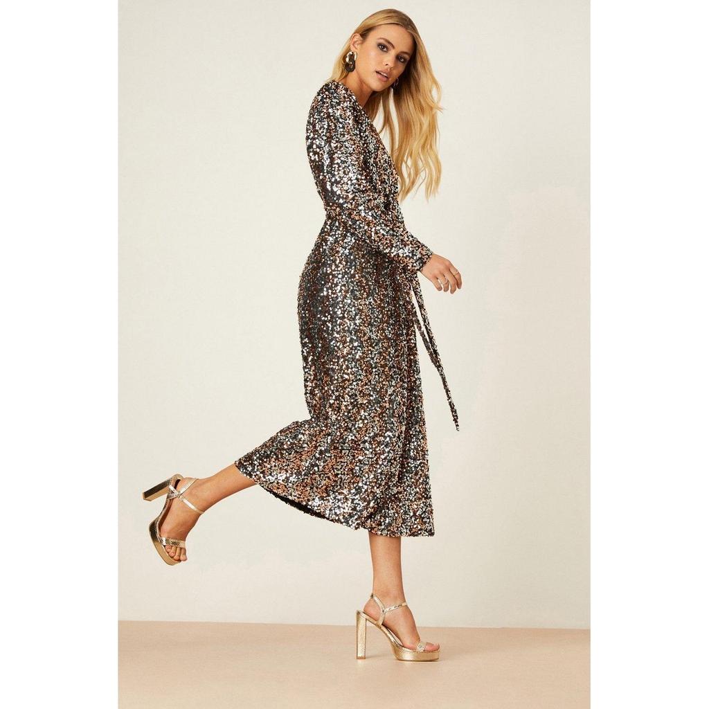 Dorothy Perkins Женское/женское платье миди с пайетками и поясом с запахом