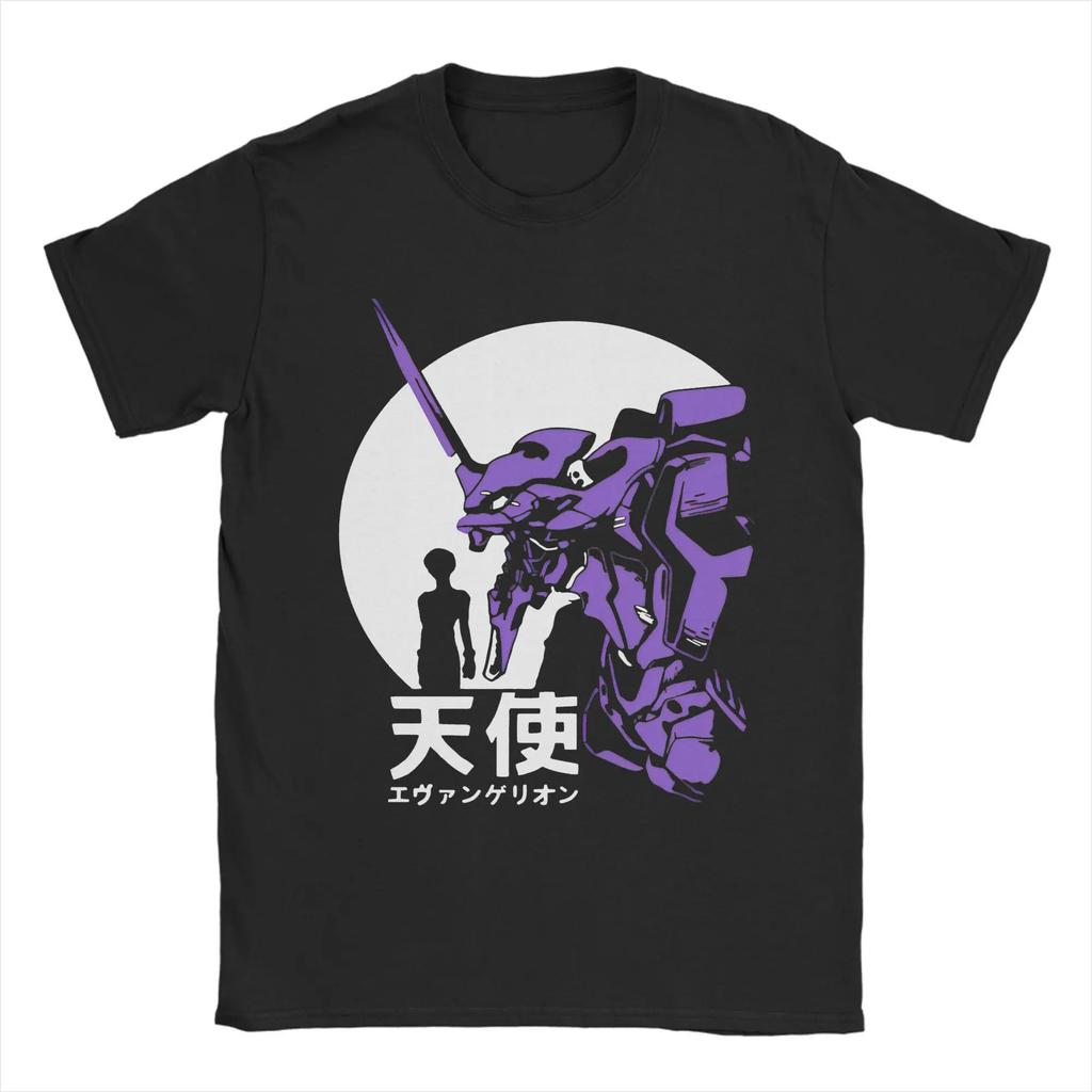Неон Genesis Evangelion Единица-01 Эпизод 1 «Атака Ангела» Манга Стиль Фиолетовая Печать Оверсайз Черная Футболка | Классический Меха Аниме Фан Мерч Футболка