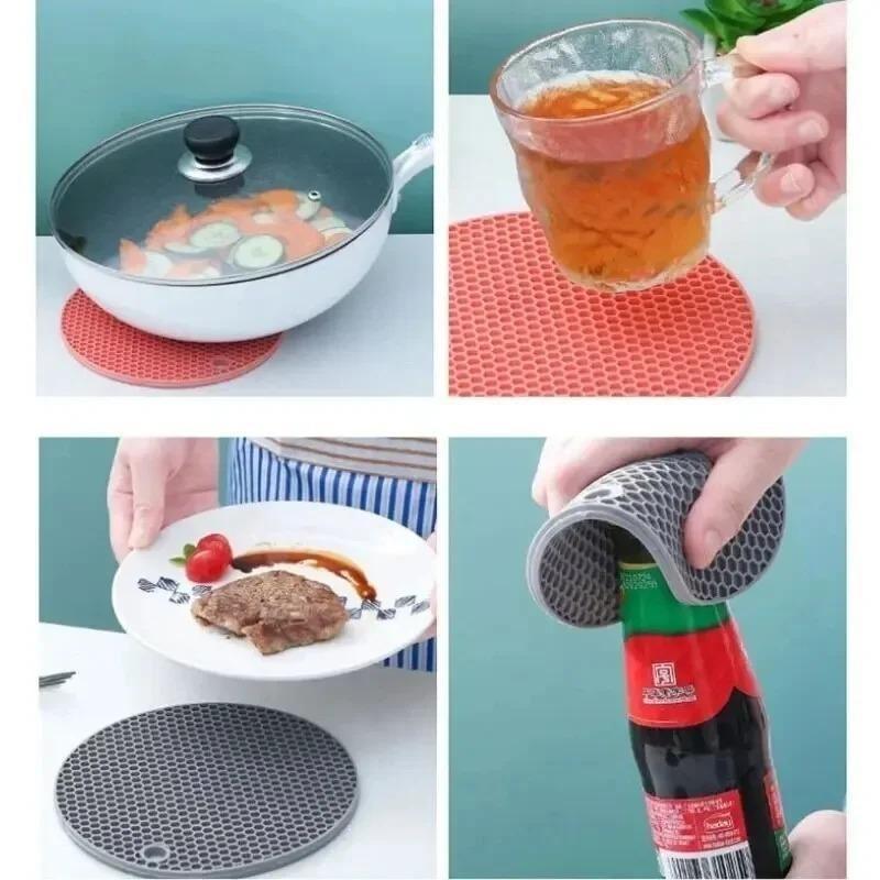 6pcs Multifunctional Kitchen Silicone Tableware Mat Round Non Slip Heat Resistant Coffee Cup Coasters Pot Holder Table Placemat Tools