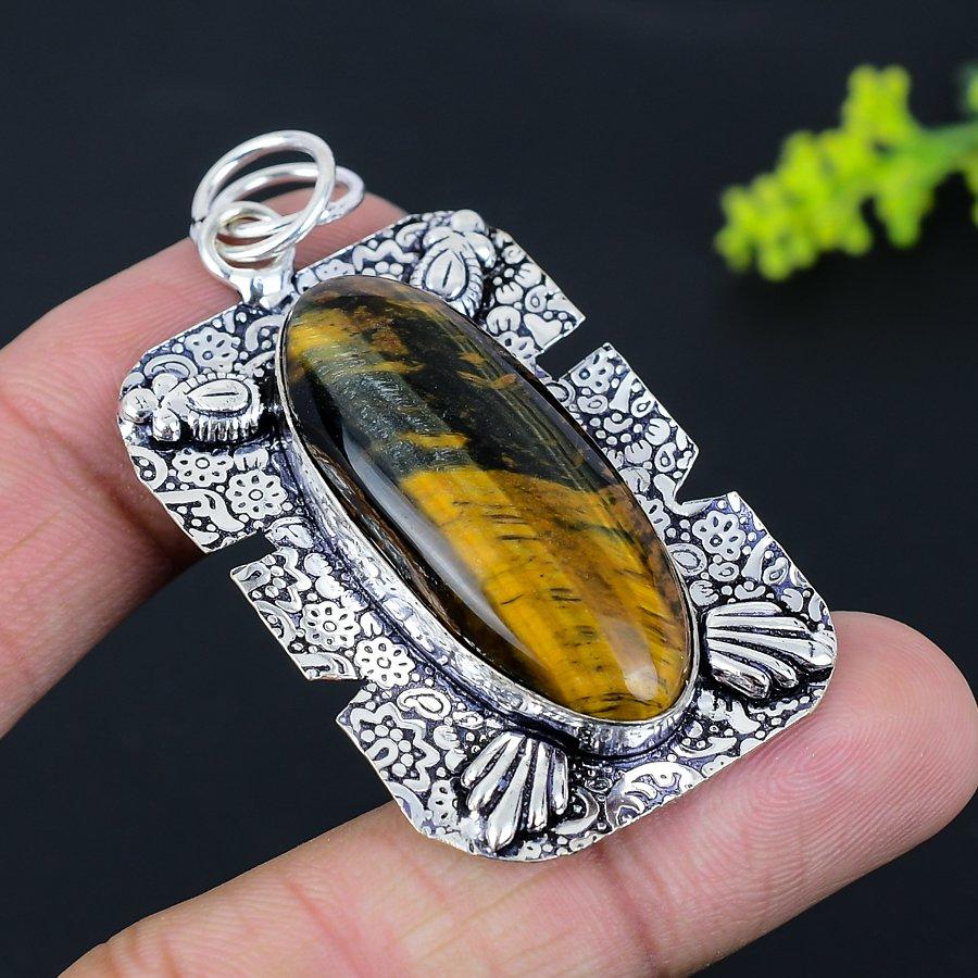 Tiger Eye Gemstone Handmade 925 Sterling Silver Gift Jewelry Pendant 2.44" q2Y74