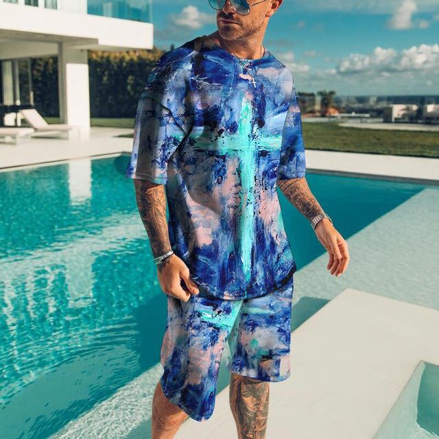 Fashion Men Tracksuit Summer Short Sleeve 3D Print Shirt Outfit O Neck Travel Streetwear T-shirt Set Men's Oversized Clothing