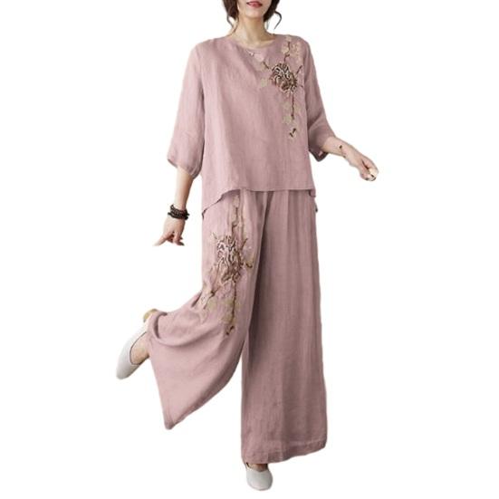 Женские костюмы-двойки с рукавом 3/4, винтажные вышитые рубашки, комплект брюк с широкими штанинами, летний повседневный комплект из хлопка и льна