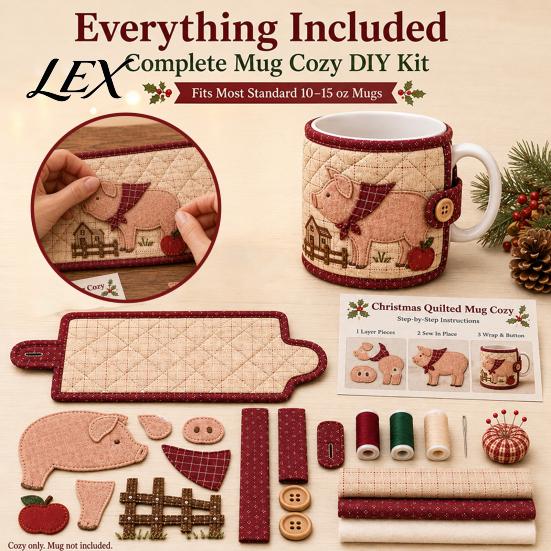 Beginner Sewing Project Farmhouse Friends Mug Cozy Kit, DIY Animal Cup Sleeve Craft, Handmade Coffee Wrap with Festive Patterns, Quilting Kit