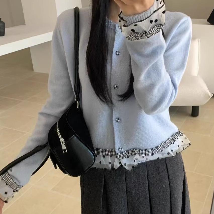 Korean Style Sweet Autumn/Winter 2025 Lace Polka Dot Knit Cardigan Women