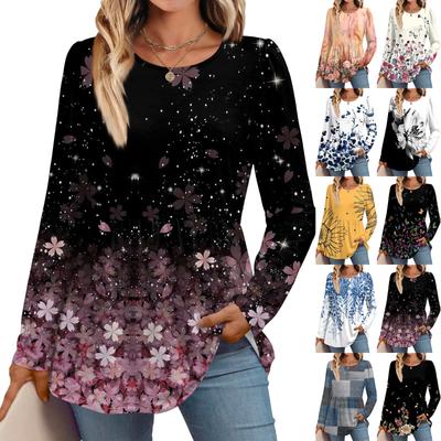 Женская повседневная модная рубашка с длинным рукавом, туника с цветочным принтом
