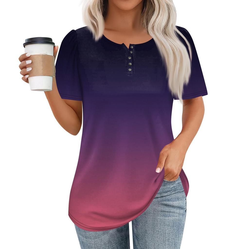 Женский модный повседневный короткий рукав пуловер с принтом на пуговицах и круглым вырезом