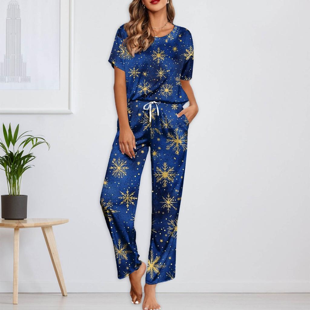 Женский шелковый атласный пижамный комплект с рождественским принтом, рубашка с коротким рукавом и длинные пижамные штаны, мягкая домашняя одежда