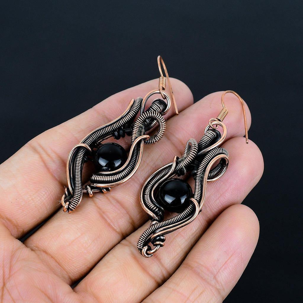Серьги из черного оникса, обернутые медной проволокой 999 пробы, серьги ручной работы с драгоценными камнями ко Дню памяти
