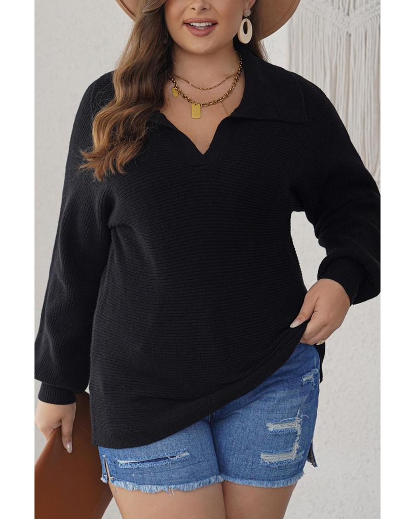 Azura Exchange Black Ribbed Knit Lapel Neck Curvy Sweater