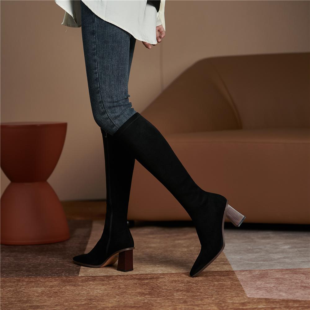 Fashion Autumn Fashion Women Boots Square Toe Yarn Elastic Knee High Boots Kid Suede Thick Heel Shoes Female Zip Socks Boots Bota Femini