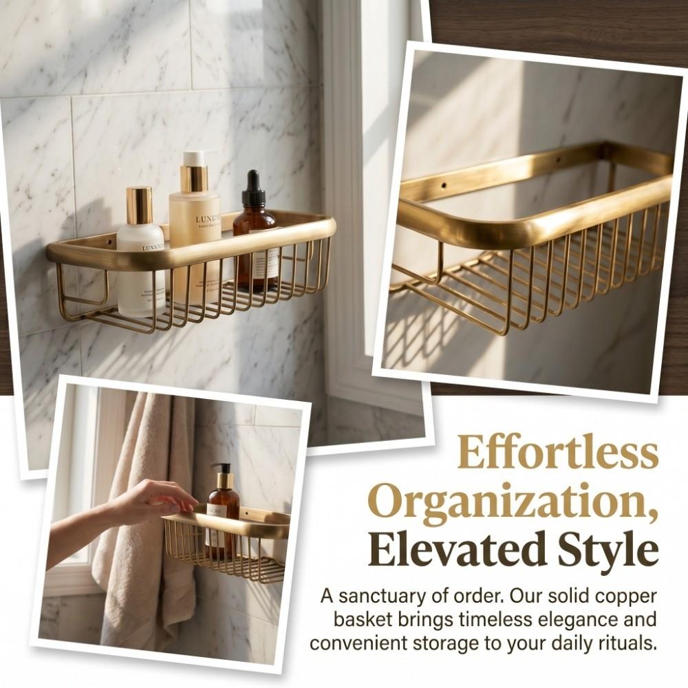 Wall Mount Shower Caddy Basket Copper Shampoo Storage Holder Durable Shower Basket Space Saving