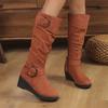 Модные женские туфли на высоком каблуке, высокие сапоги, зимние замшевые сапоги-клинья с пряжкой, 2025, новые элегантные зимние сапоги до колена, дизайнерская мода, Zapatillas Mujer