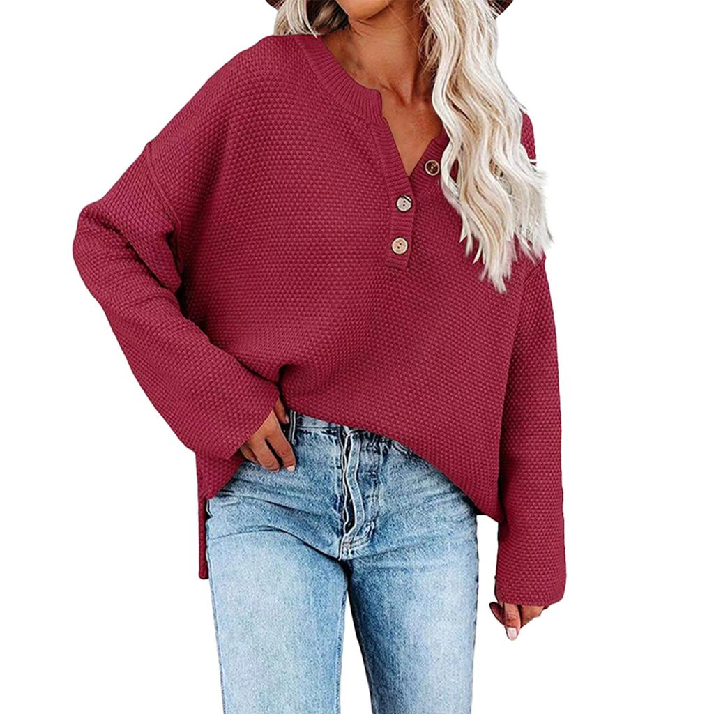 Женская мода, повседневный однотонный свободный вязаный пуловер с круглым вырезом и пуговицами, топ