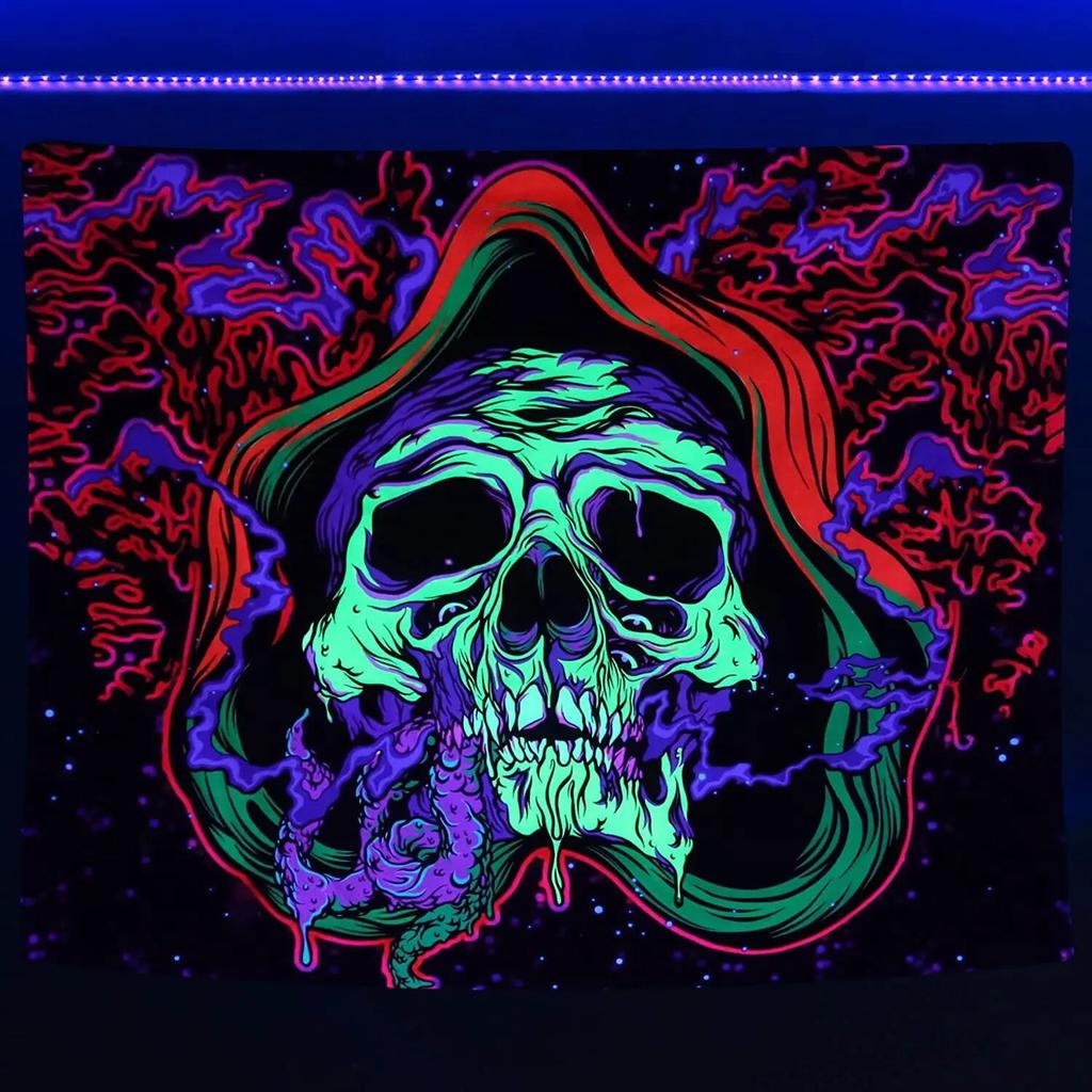 Психоделический черный свет череп голова флуоресцентный гобелен УФ-реактивные гобелены настенный хиппи триповый домашний декор