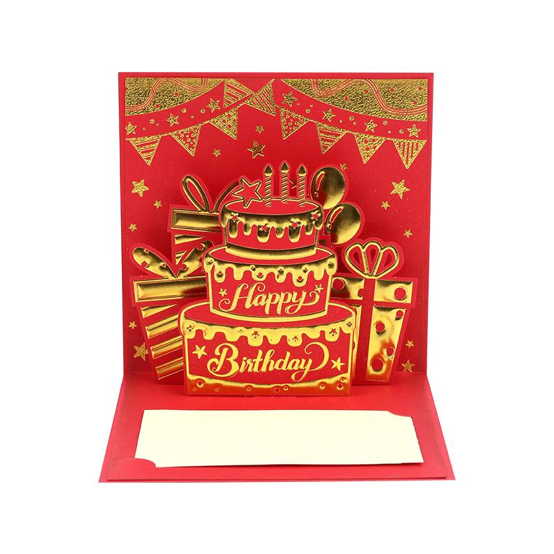 3D Pop-up Birthday Card with Red Envelope & Gold Cake Design - Handmade Paper Cut Blessing