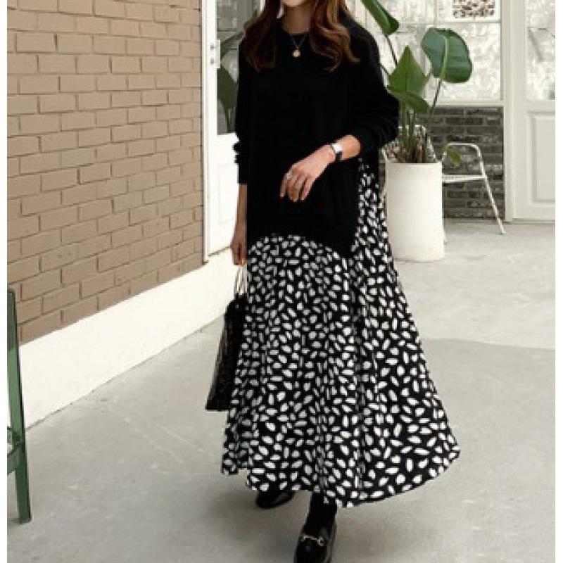 Платье макси с длинными рукавами и принтом в складку 2023 года с имитацией двух частей