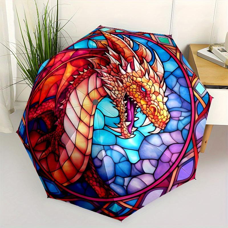 Stained Dragon Wall Art: Vibrant Fantasy DecorUmbrella, Portable 3-Fold Compact Umbrella,Christmas Gift ES513