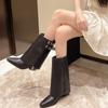 Round Toe Women Mid Calf Boots New Chelsea Boots Fashion Black Cool Mid Heeled Flats Belt Buckle Winter Boots Woman