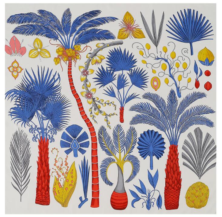 New Luxury Brand Design Sago Cycas Palm Tree Winter Square Scarf 130cm Twill Silk Scarf Women Kerchief Scarves For Ladies