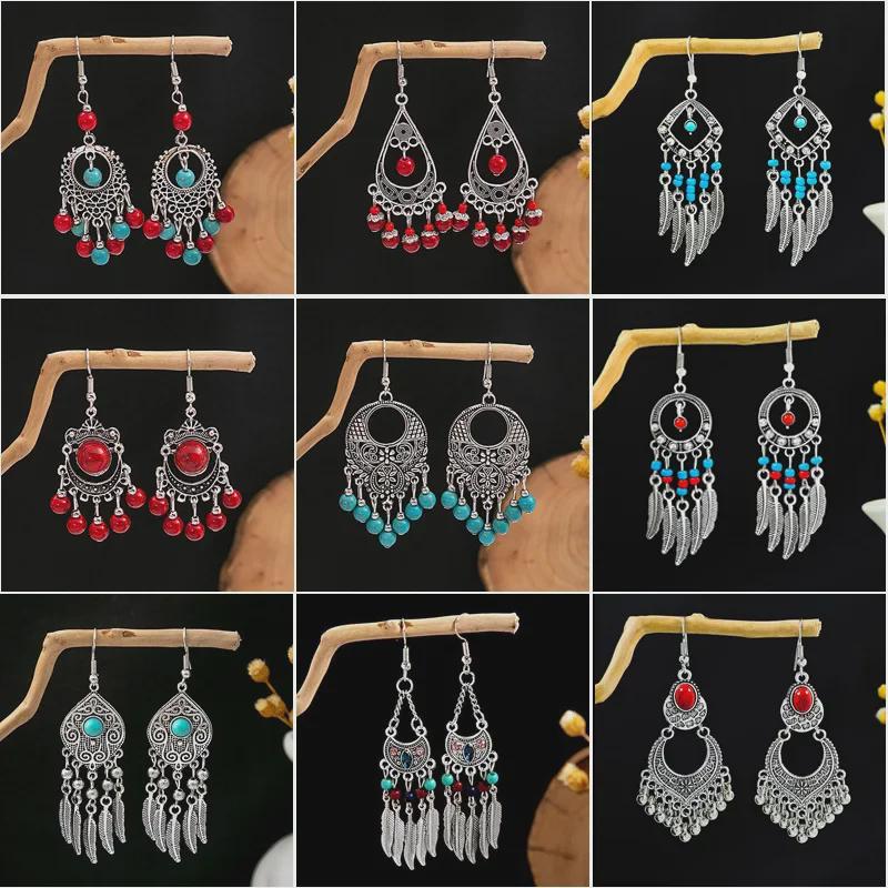 European and American Retro Hollow Turquoise Tassel Bohemian Earrings for Women
