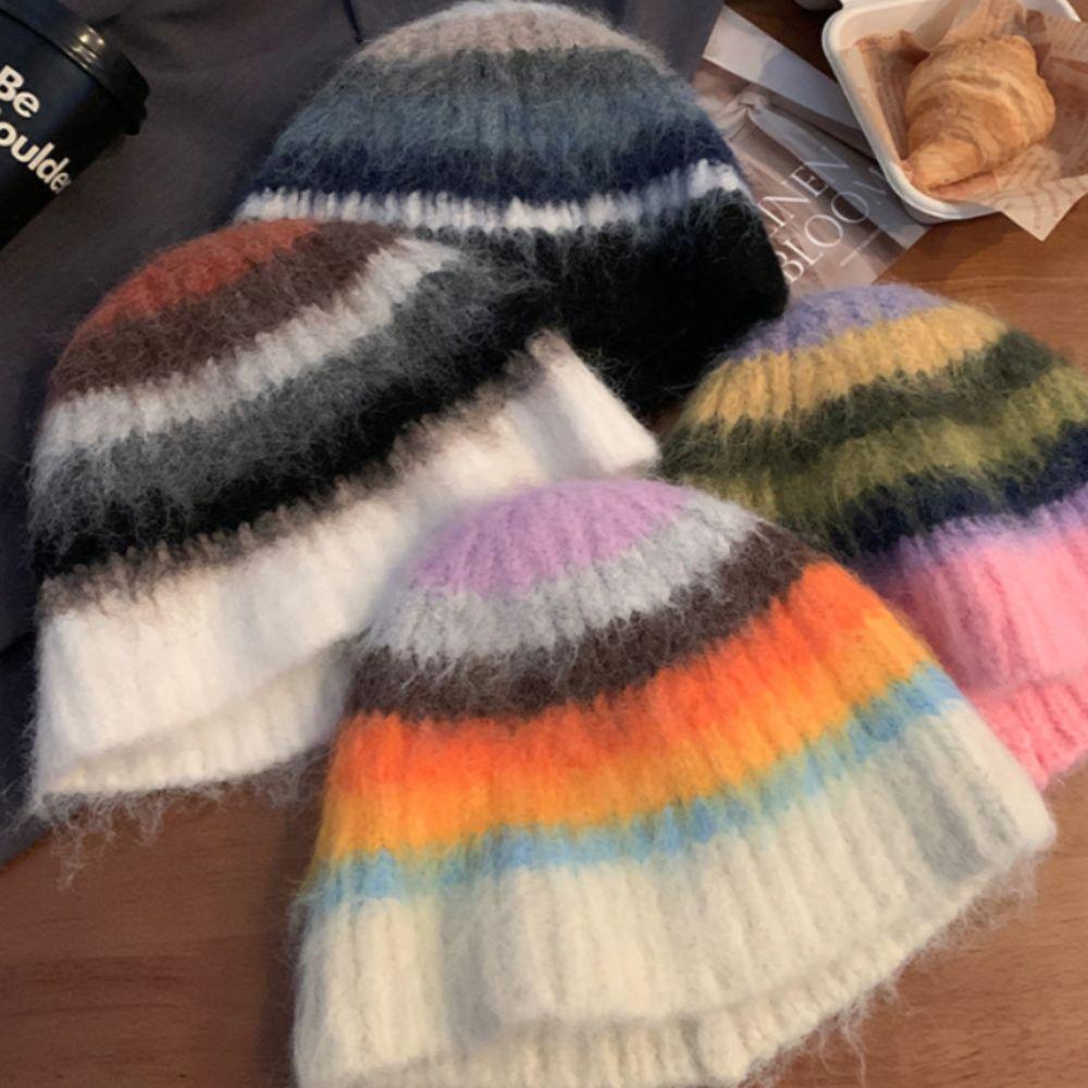 Autumn Winter Colored Woolen Hat Korean Women Beanie Hat Trendy Y2k Striped Hat  Female
