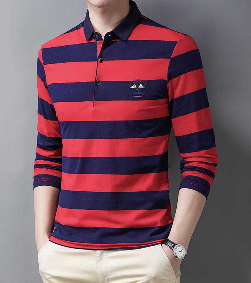 Новая летняя полосатая вышитая мужская уличная одежда рубашка поло хлопок повседневный топ модная уличная мужская одежда с длинным рукавом
