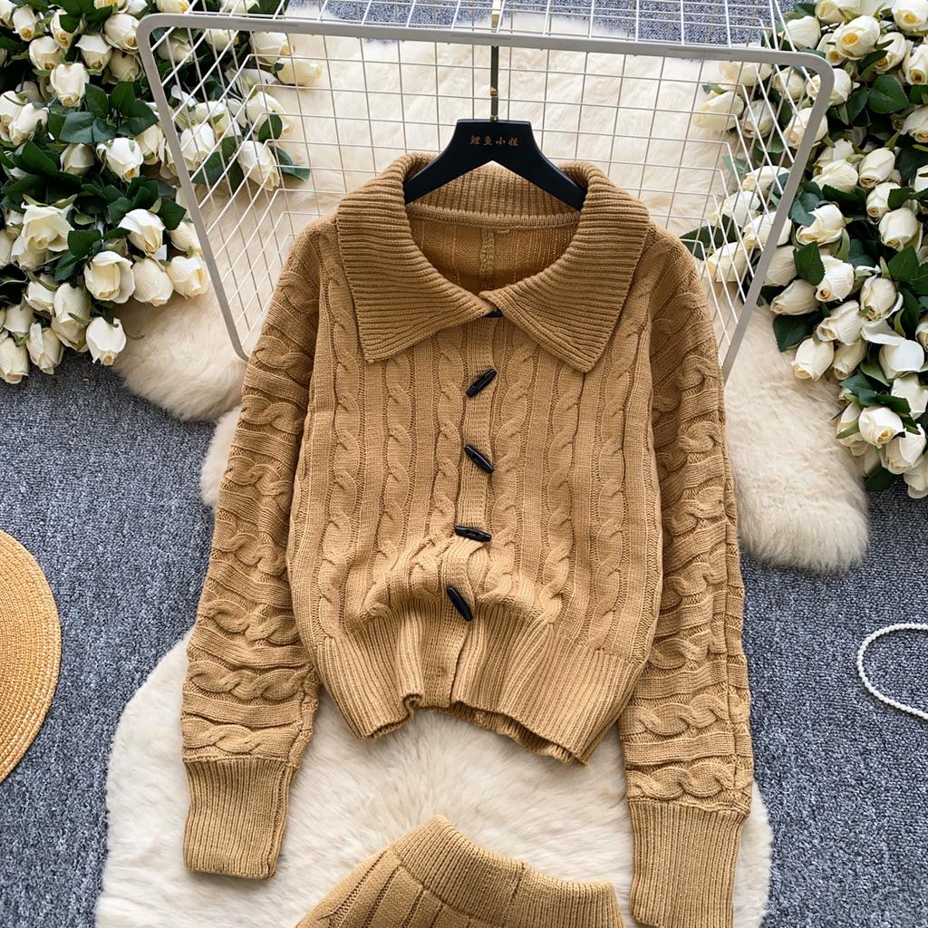 Autumn Winter Women Casual Knitted Twist Sweater Pant Two Piece Set Lapel Horn Button Cardigan Jacket and Elastic Waist Shorts Tracksuit
