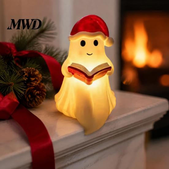 Festive Window Sill Decorations Cute Ghost Reading Book Lamp, Christmas Resin Figurine with Santa Hat, Decorative Lights for Holidays Warm Lighted