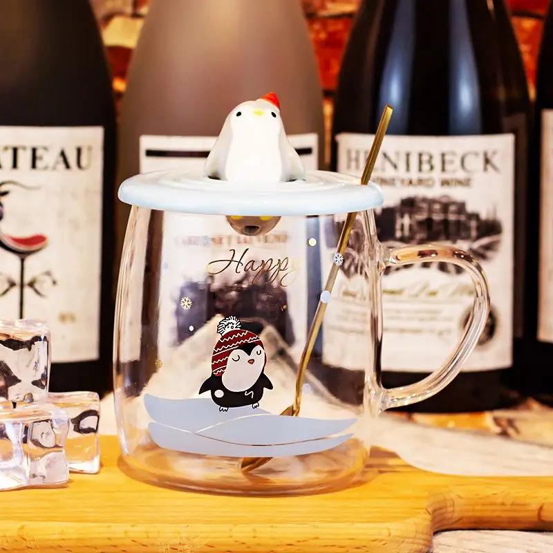 3D Lid Penguin Glass Mug With Spoon Mate Cup of Drinking Cute Mugs Coffee Cups Cup for Tea Glasses for Drinks Mugs Free Shipping
