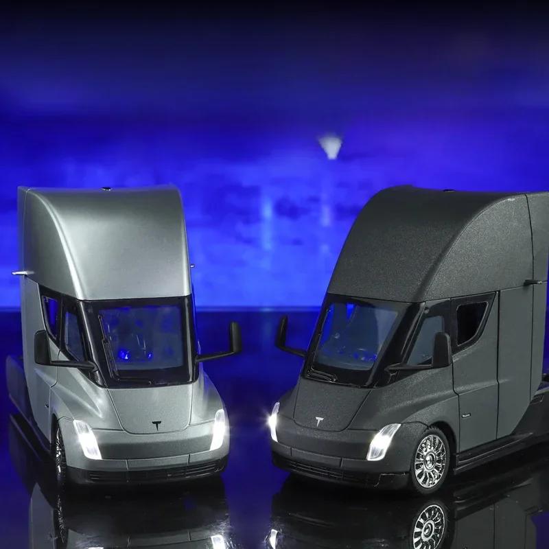 1/24 Scale Tesla Semi Truck Trailer Metal Alloy Diecast Truck Trailer Model Sound & Light Collection Car Model Toy Gift with Boys C325