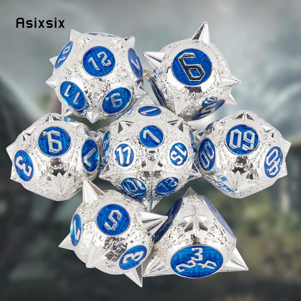 7 Pcs White Blue Meteor Hammer Metal Dice Solid Metal Polyhedral Dice Set Suitable for Role-Playing RPG Board Game Card Game