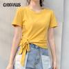 Summer Short-sleeved T-shirt Women's Round Neck Solid Colour Irregular Tie Slim Chic Tops