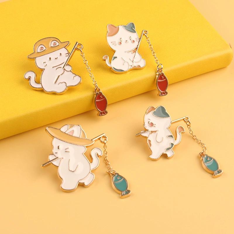 New Fashion Creative Cat Fishing Design Metal Brooch Cartoon Cute Animal Badge Pin Best Friend Gift Anime Pins Backpack Pins