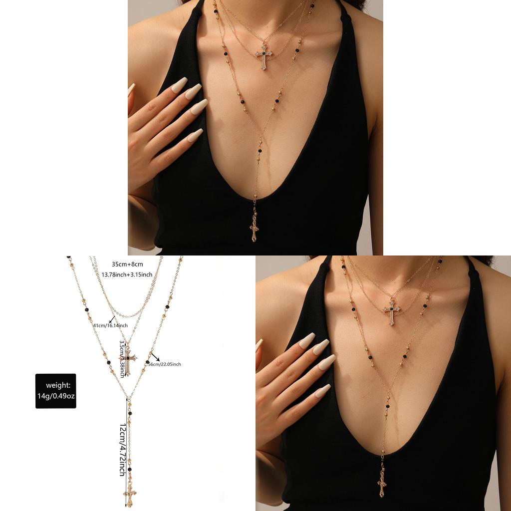 Cross Necklace Multilayer Geometric Pendant With Rhinestones For Women