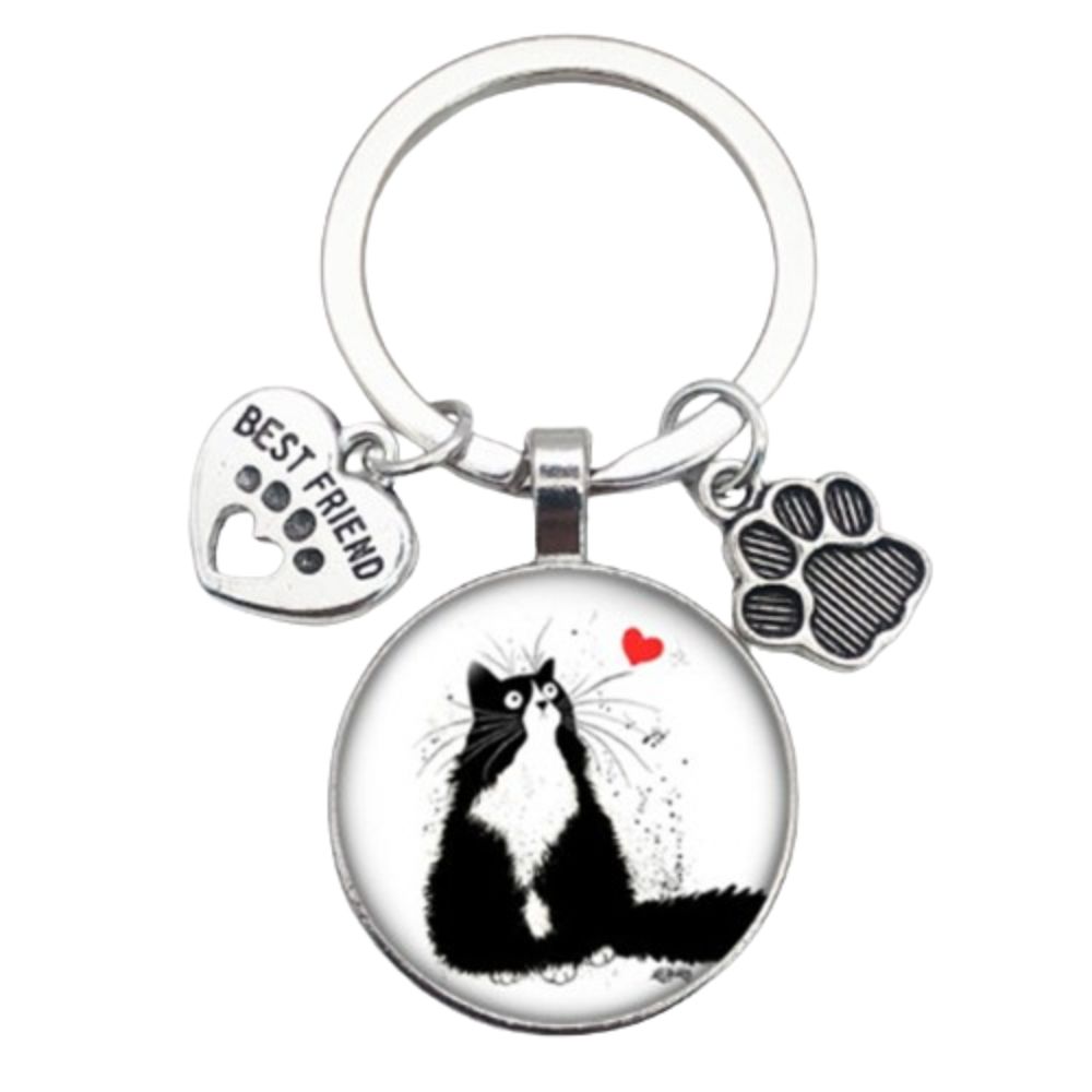 Love Cat Pet Footprints Car Key Chain Cartoon Key Holder Fashion Glass Cabochon Key Ring Men Women