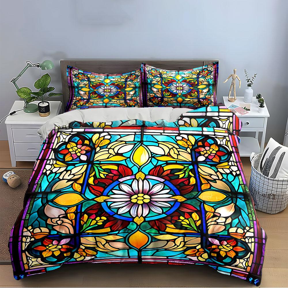 Floral Stained Glass Pattern Bedding Duvet Cover Set Duvet Cover Pillowcases (1*Duvet Cover 2*Pillowcases, without duvet insert)