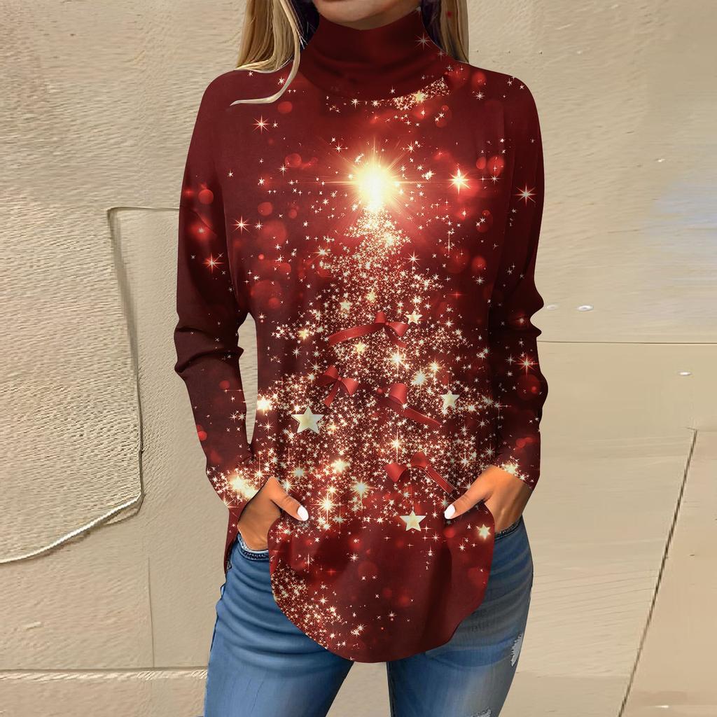 Женская модная повседневная футболка с длинным рукавом с высоким воротом и принтом, пуловер, топ