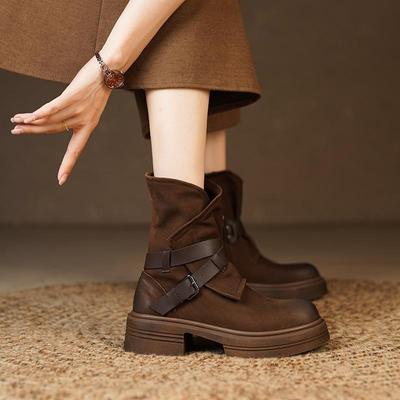 Осень и Зима Мягкая Кожа Боковая Молния Толстая Подошва Женские Толстый Каблук Французский Ретро Короткие Ботинки