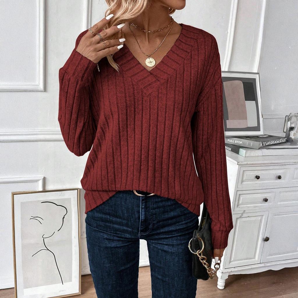 Women's Fashion Long Sleeve Ribbed Elegant Commuting And Casual Top