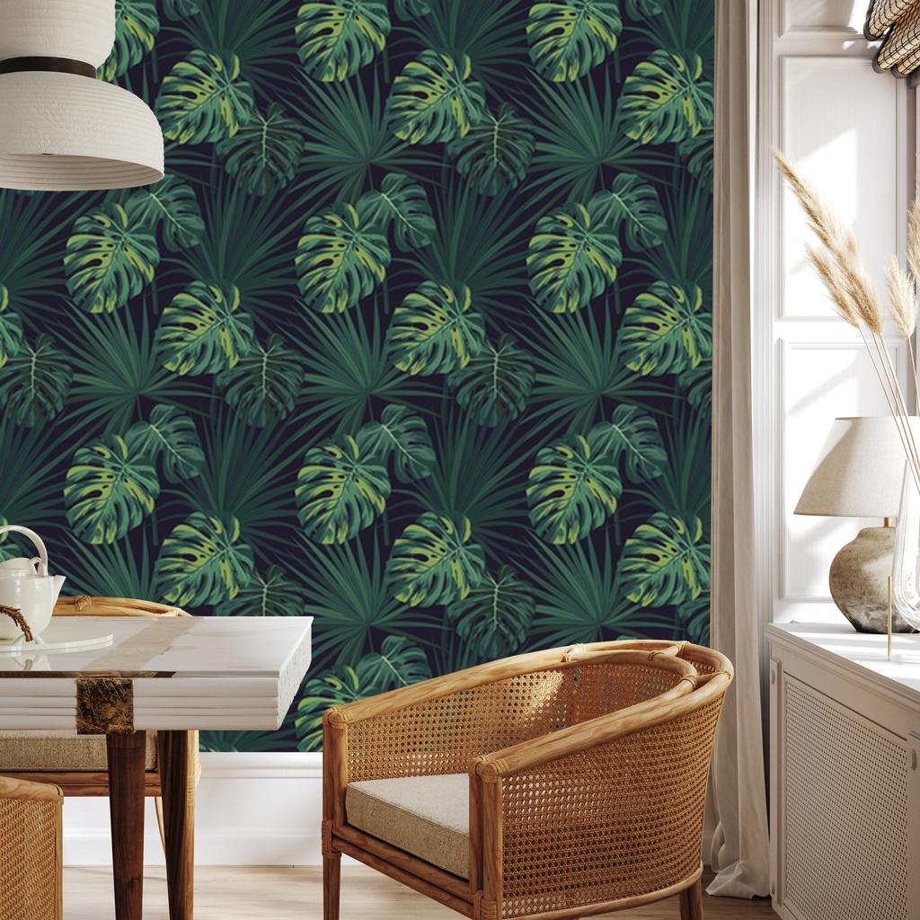 Wallpaper Tropical monstera leaves on a dark background 50x1000
