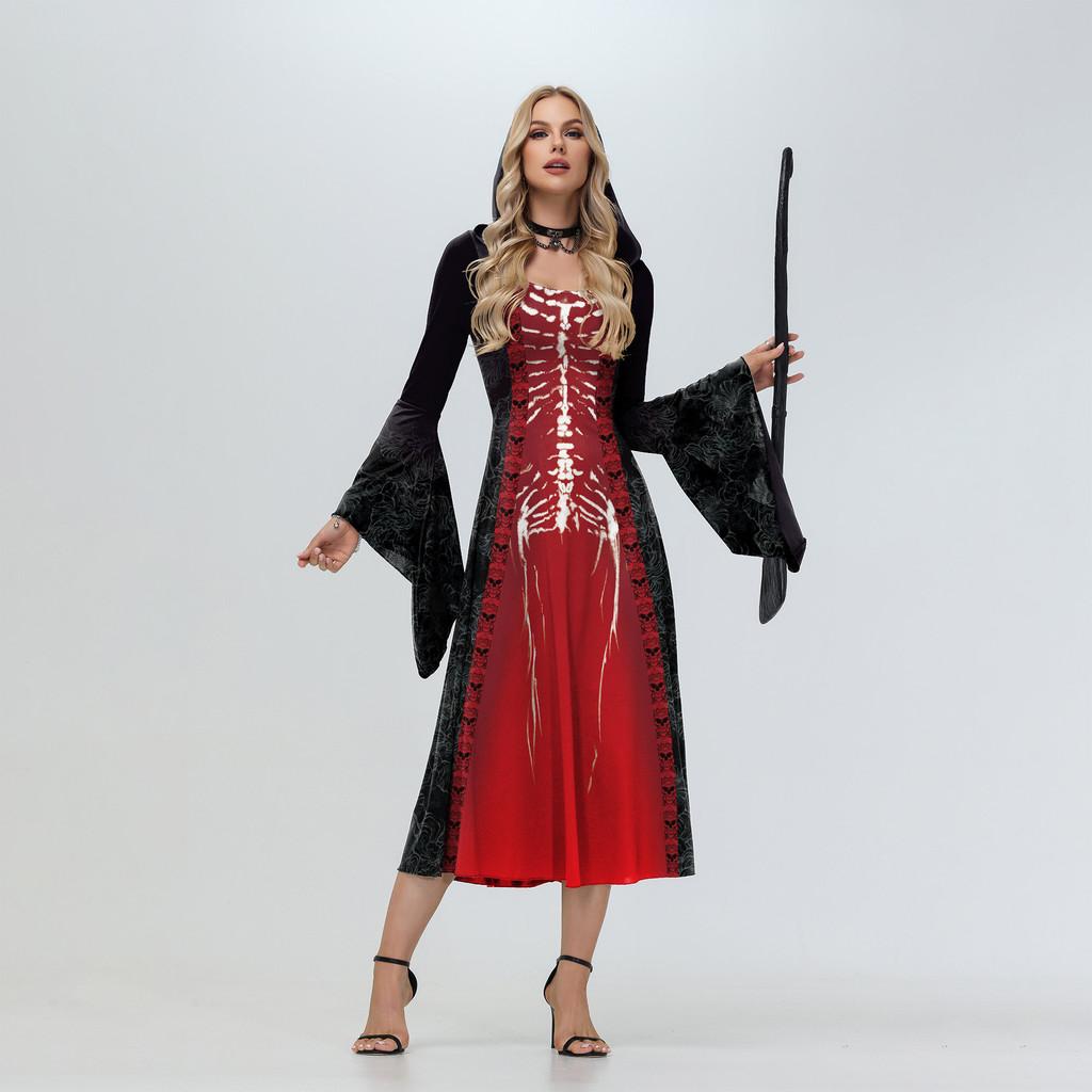 Halloween Witch Crazy Hooded Dress With Digital Print For Costume Parties