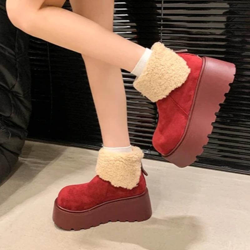 Ботильоны на платформе, женские зимние ботинки на плоской подошве из меха и хлопка, замшевые зимние плюшевые теплые ботинки 2025 года, женские туфли на высоком каблуке, Botas Mujer