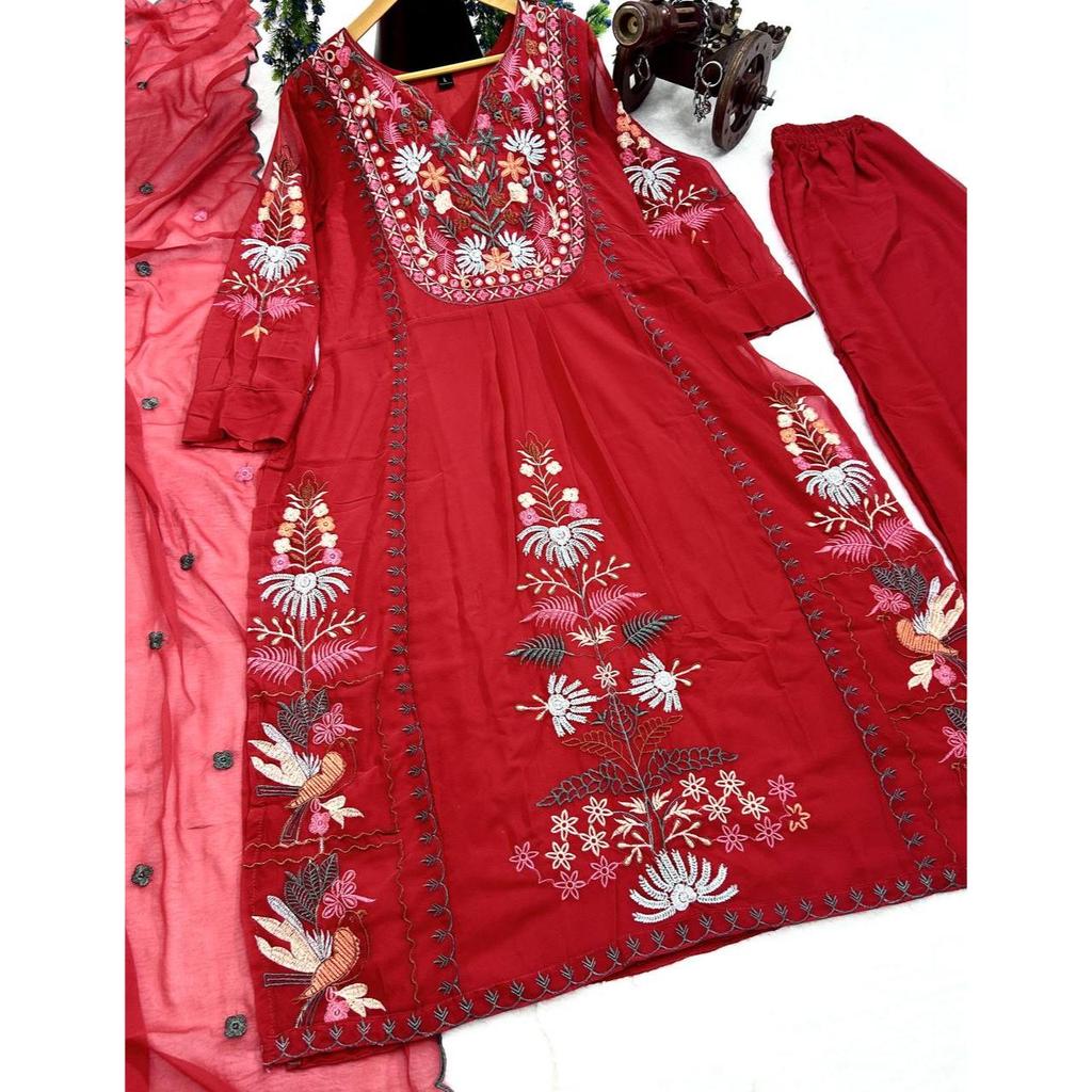 Новая привлекательная одежда для вечеринок с вышивкой разных цветов Fox Georgette Kurti Plazzo имеет стандартный крой и изготовлена ​​из высококачественных тканей и пряжи*