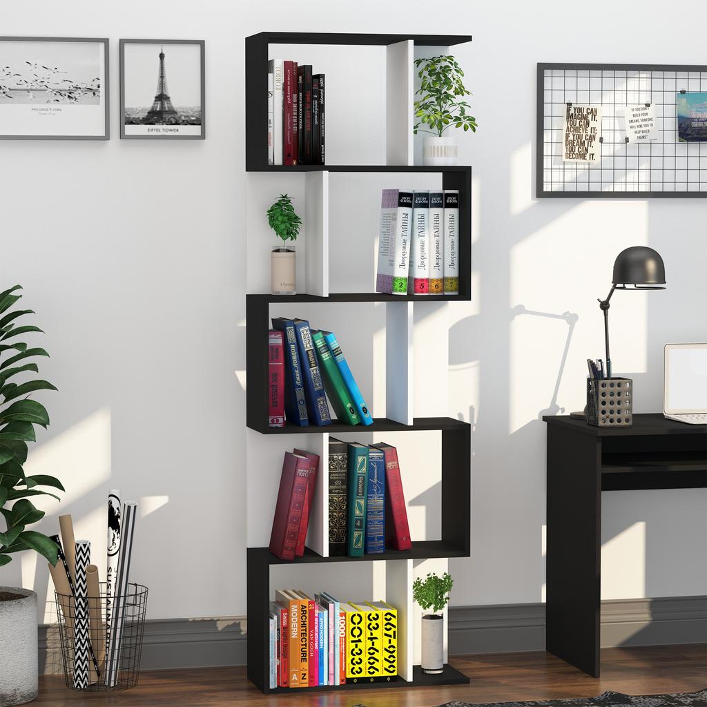 Bookcase, S-Shaped Wooden Bookshelf, 5/6 Tiers Freestanding Storage Shelf, Home Office Decorative Display Stand Rack, Black and White