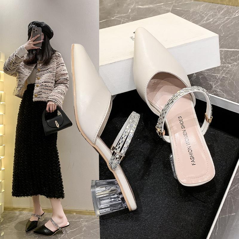 Сандалии на высоком каблуке с острым носком, женские летние сандалии на толстом каблуке со стразами, женские полутапочки Baotou, модная женская дышащая обувь