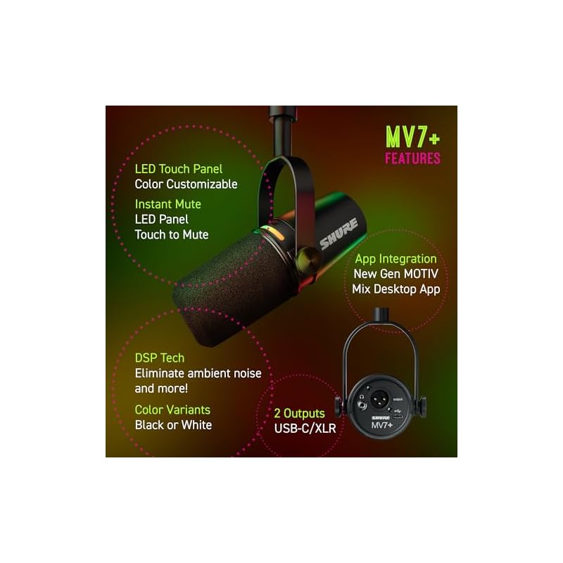 Shure MV7+ Микрофон для подкастов с улучшенным звуком, светодиодная сенсорная панель, USB-C и XLR-выход, режим автоматического уровня, цифровой поп-фильтр, эффект реверберации, для
