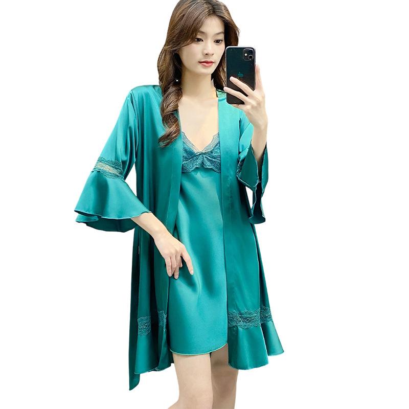 Green stretch satin suspender pajama set, sexy pure white, new women's light backless pajama women
